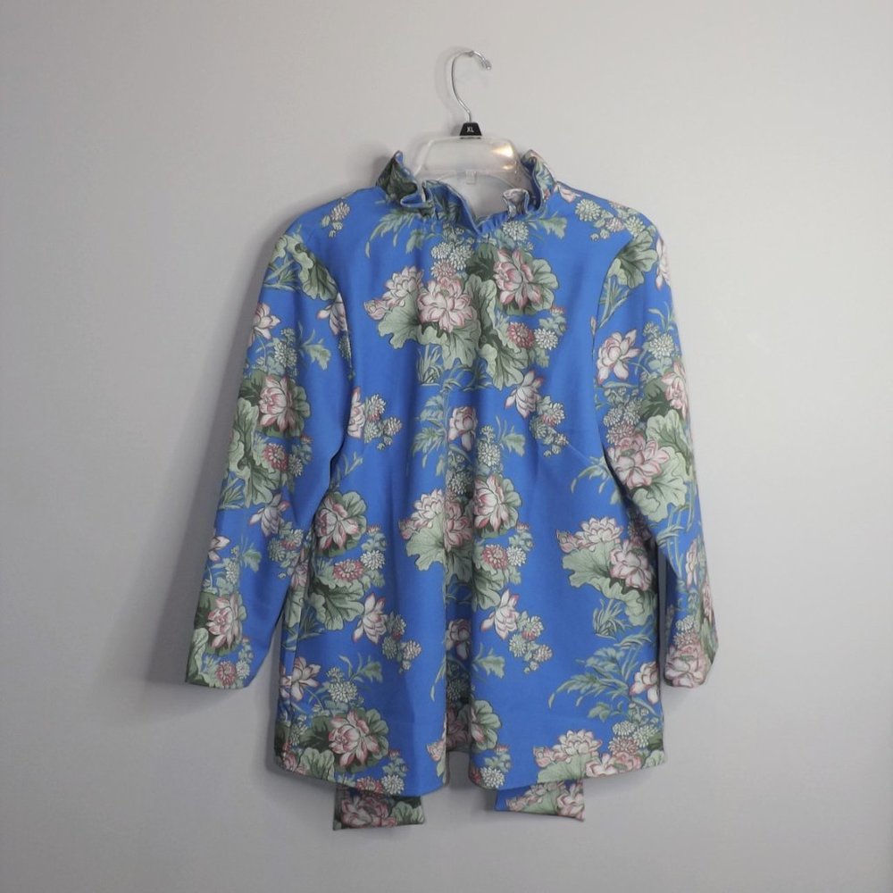 Tuckernuck Faye Blue Green White Tie Back Neck Top Blouse Large NEW